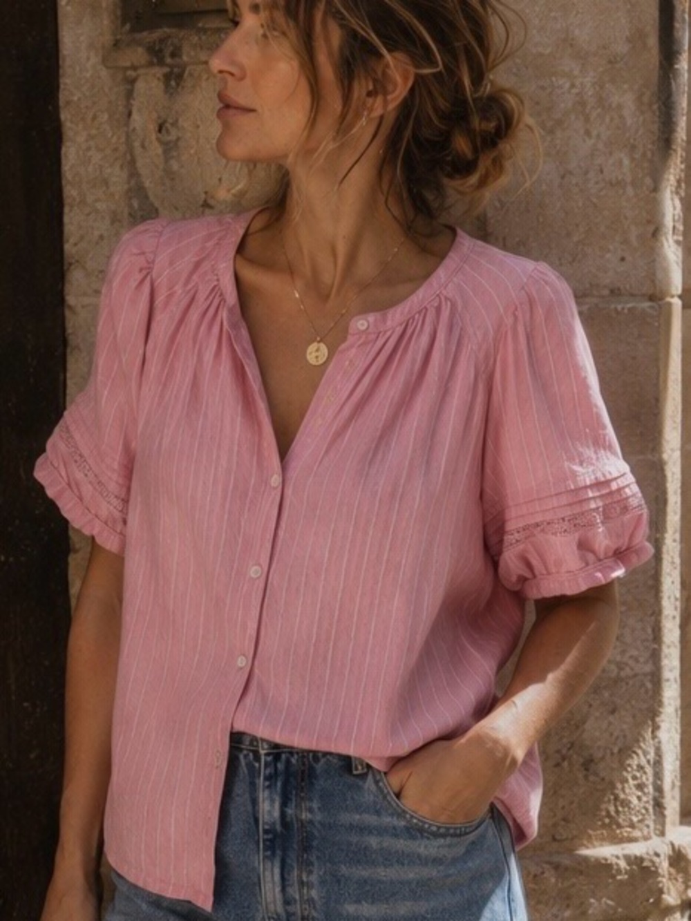 BeachLunchLounge pink textured blouse - size small